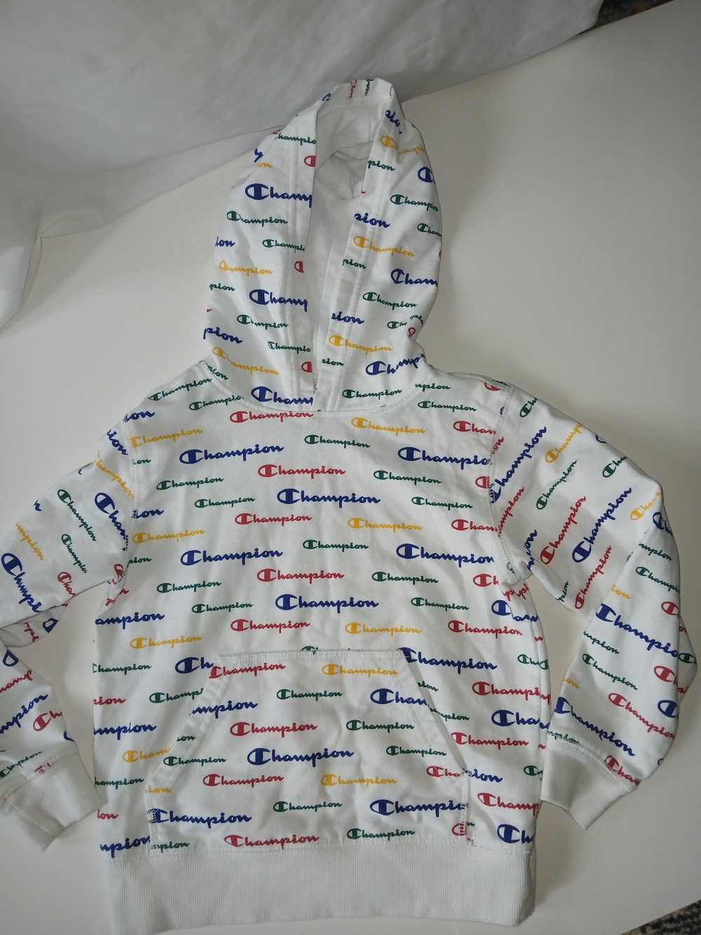 Champion White Hoodie with Multicolor Logo Pattern Size 7, D0389